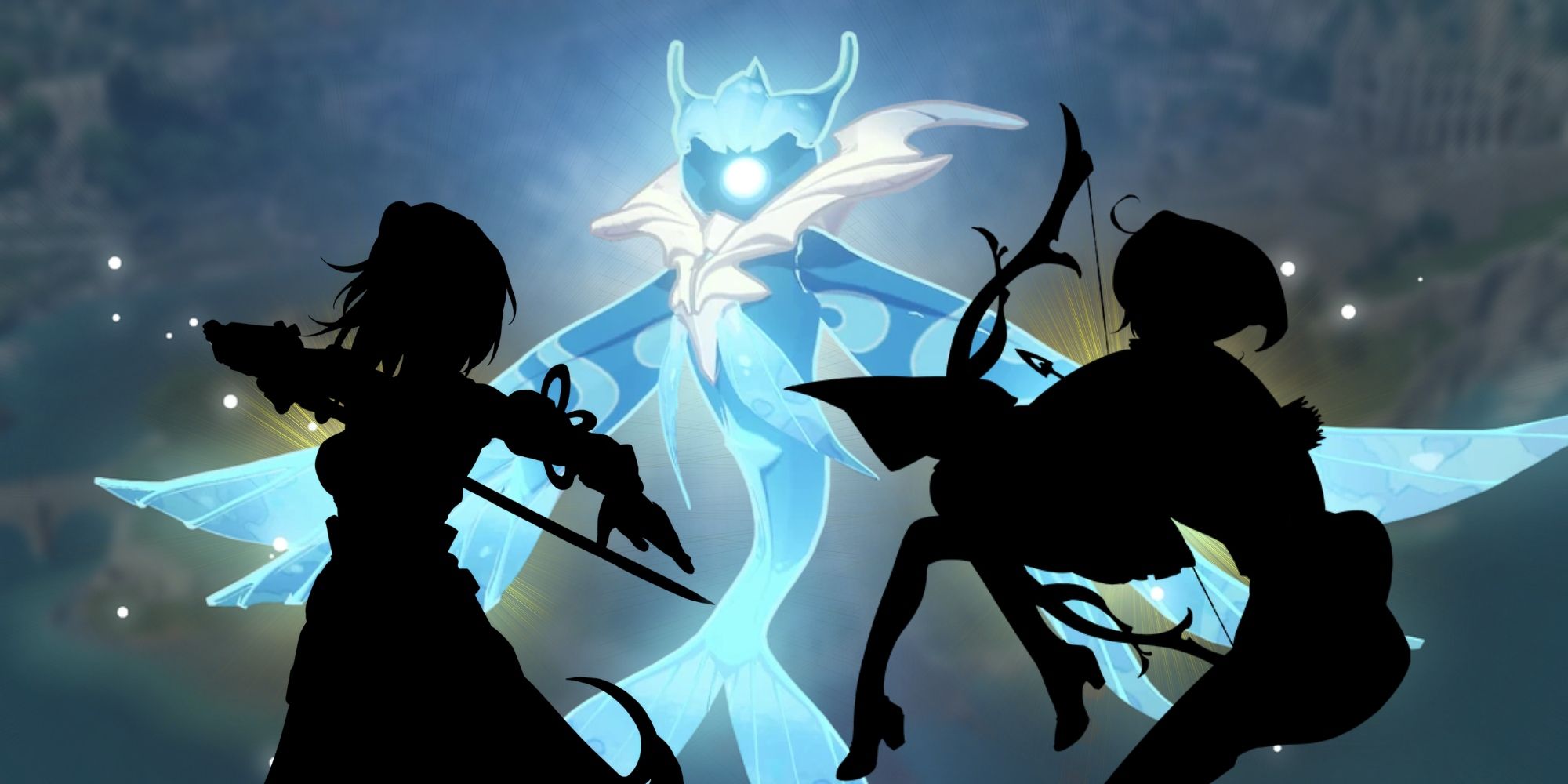 A Genshin Impact Oceanid in the middle with a light blue backlight. To each of its sides is the sillhouette of a Honkai Impact 3rd character to represent upcoming Genshin Impact 4.0 characters.