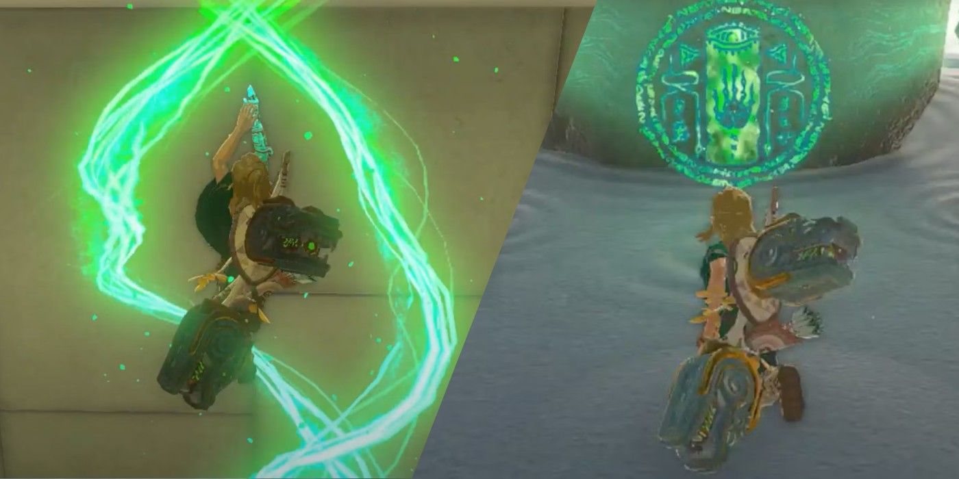 TOTK's Gutanbac Shrine exterior, side-by-side with Link using powers.