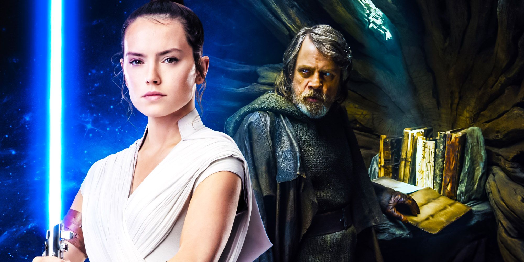 Rey and Luke Skywalker in Star Wars.