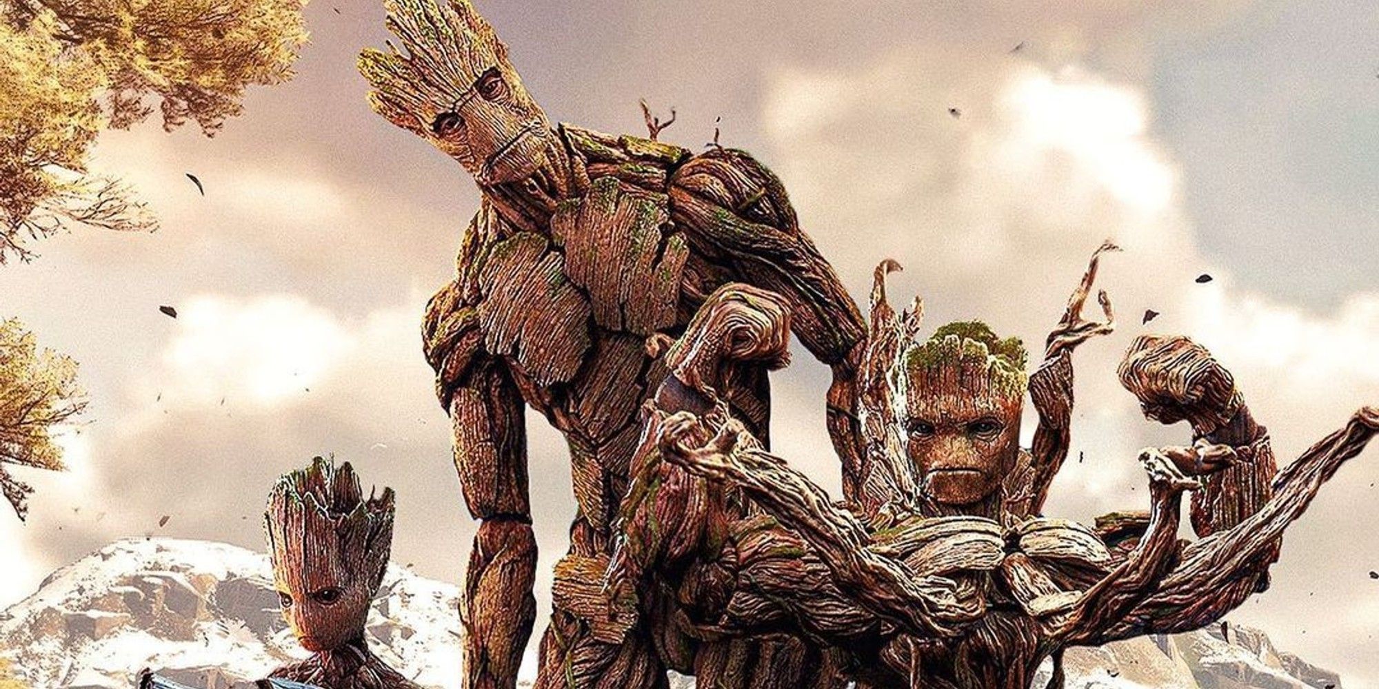Fan art of Adult Groot, Teen Groot, and Swoll Groot together.