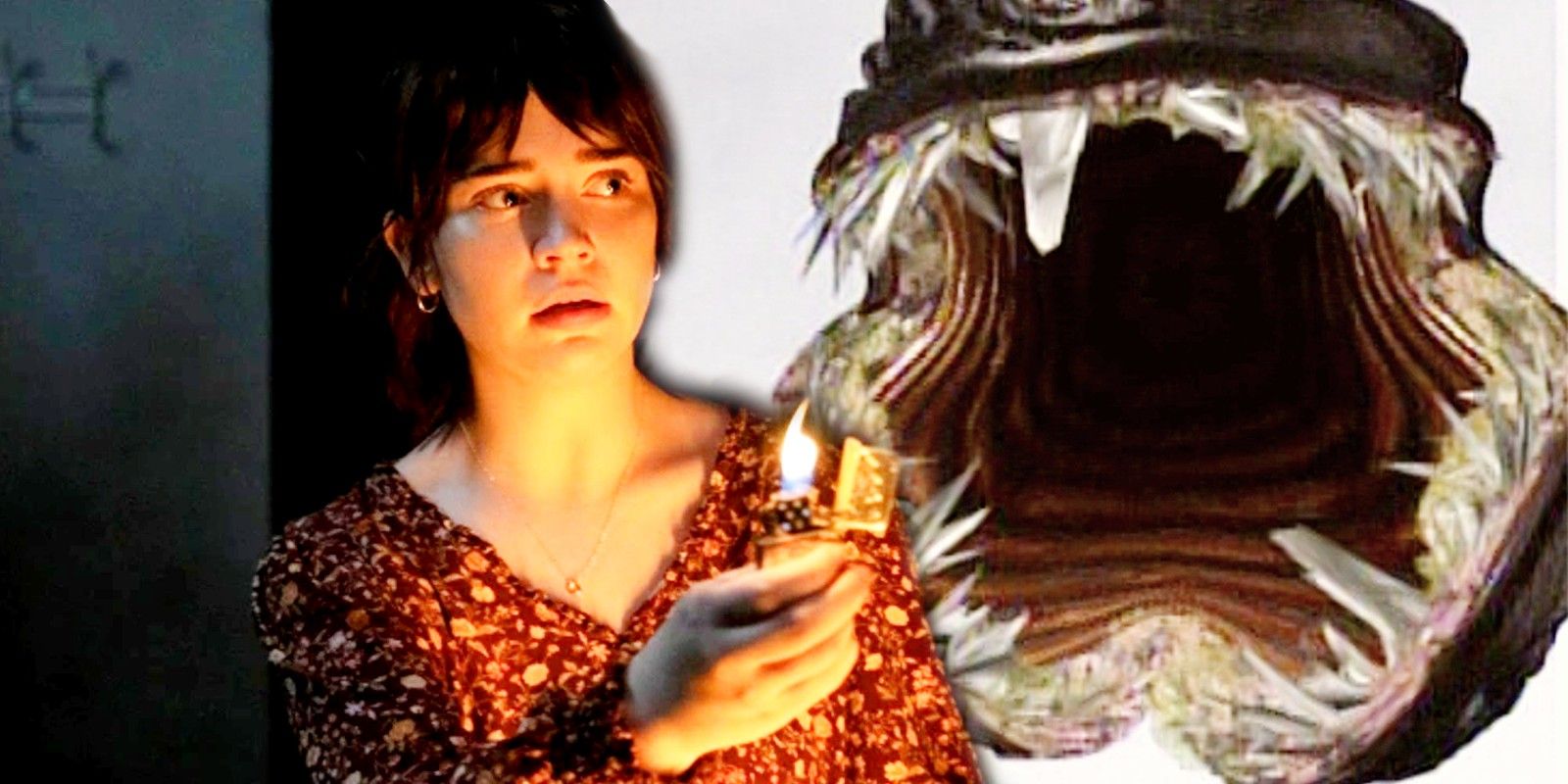 Blended image of a girl lighting up a match in The Boogeyman and the monster in The Langoliers
