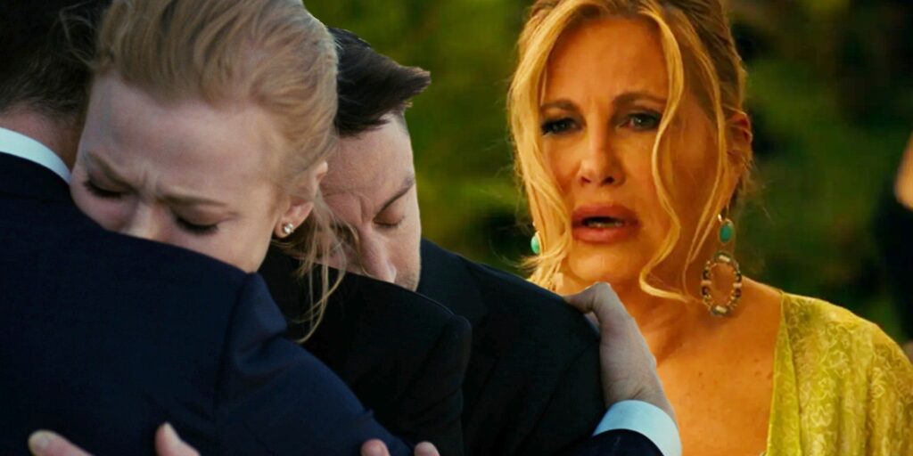 Blended image of the Roy siblings crying and counseling in Succession and Jennifer Coolidge shocked face in The White Lotus