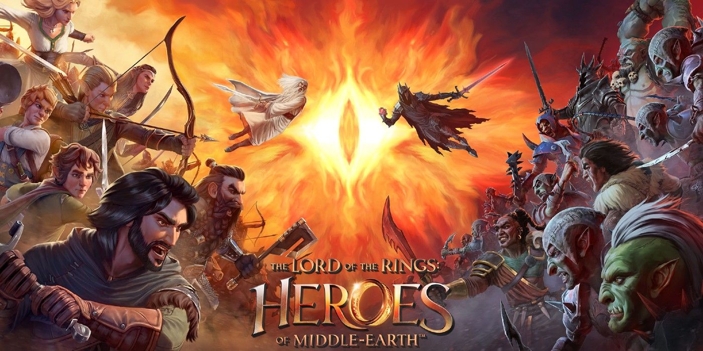 LotR: Heroes of Middle Earth Key Art showing the title and heroes and villains on each side of the eye of Sauron.