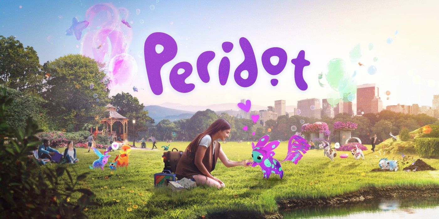 Peridot Key Art showing the title and a woman in a part petting her Peridot with others in the surrounding area.