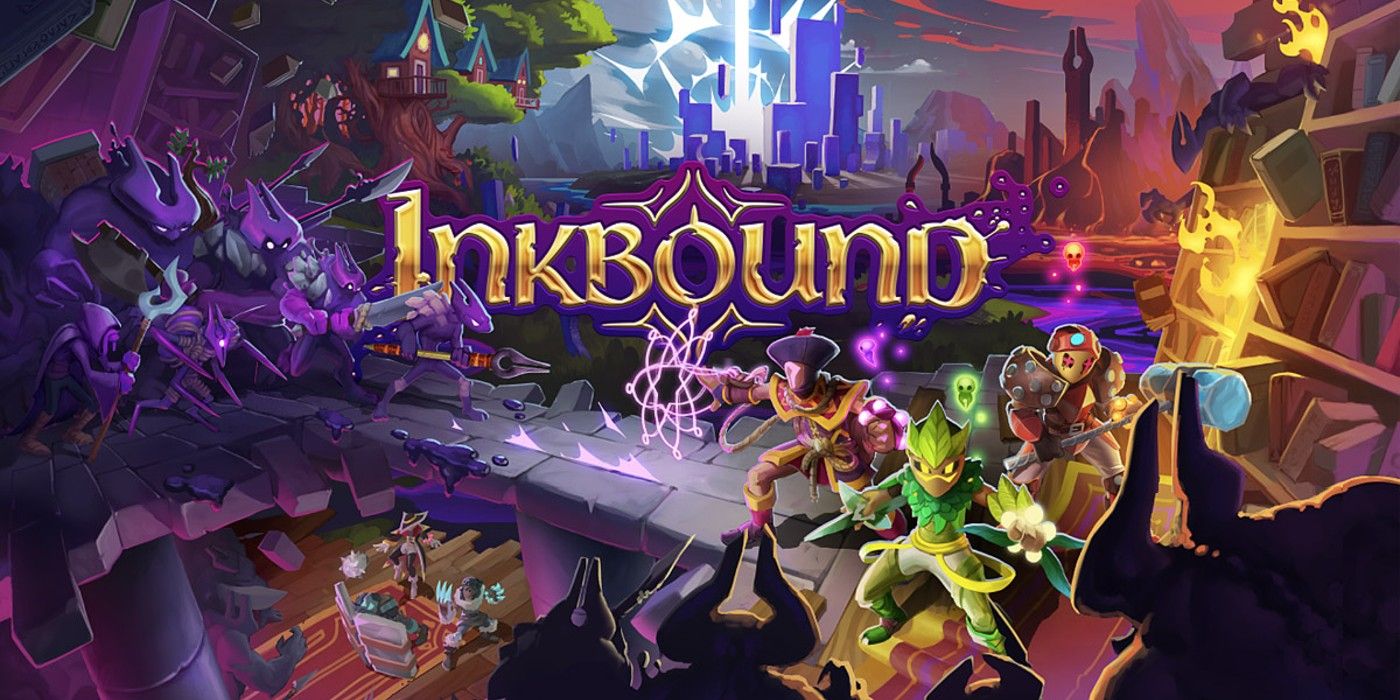 Inkbound Key Art showing the title and three fighters surrounded by many purple enemies.
