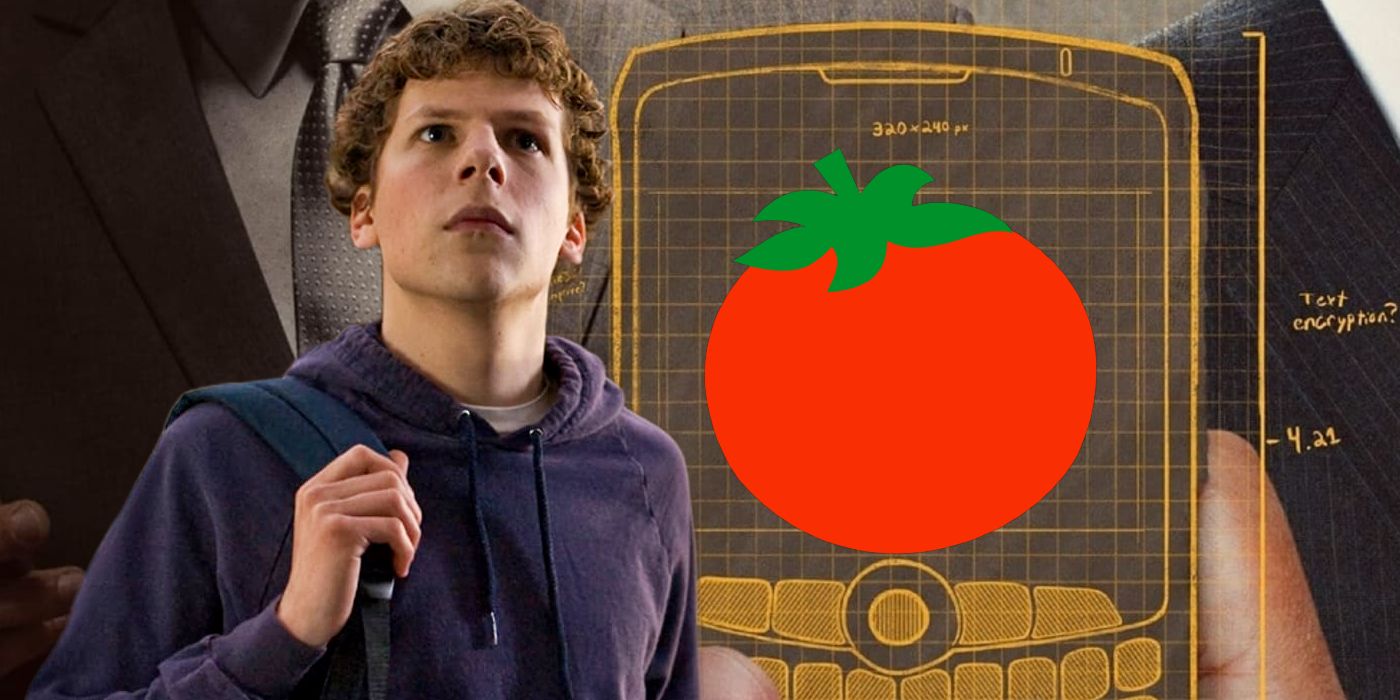 Jesse Eisenberg as Mark Zuckerberg from the Social Network in Front of the Blackberry Posted with a Fresh Rotten Tomatoes Logo