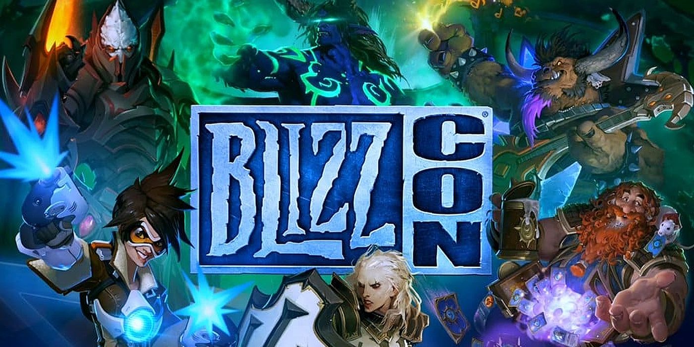 BlizzCon logo surrounded by characters from Blizzard IPs such as Tracer from Overwatch, Illidan from WoW, ETC from HoTS and more