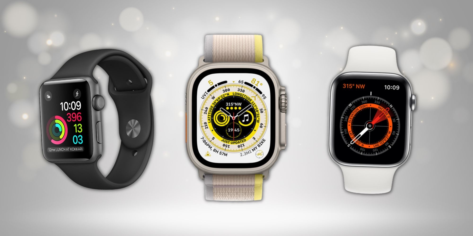 Image of the first Apple Watch, Apple Watch Ultra, and the Apple Watch Series 5 over a gradient background