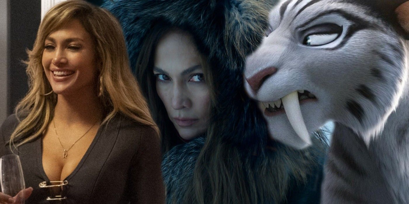 Collage of Jennifer Lopez in Hustlers, The Mother, and the Ice Age franchise