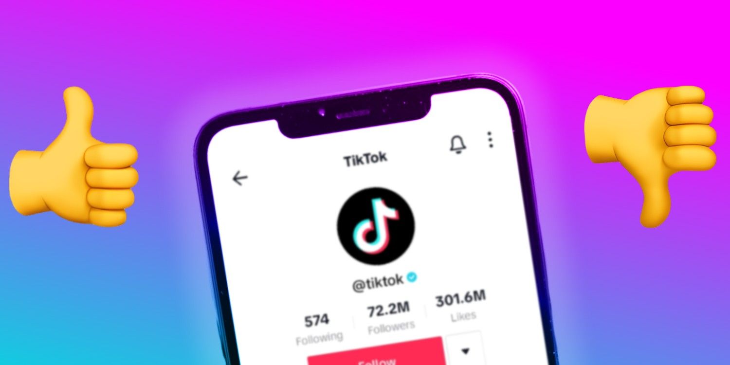 TikTok's account shown on a phone alongside thumbs up and thumbs down emoji