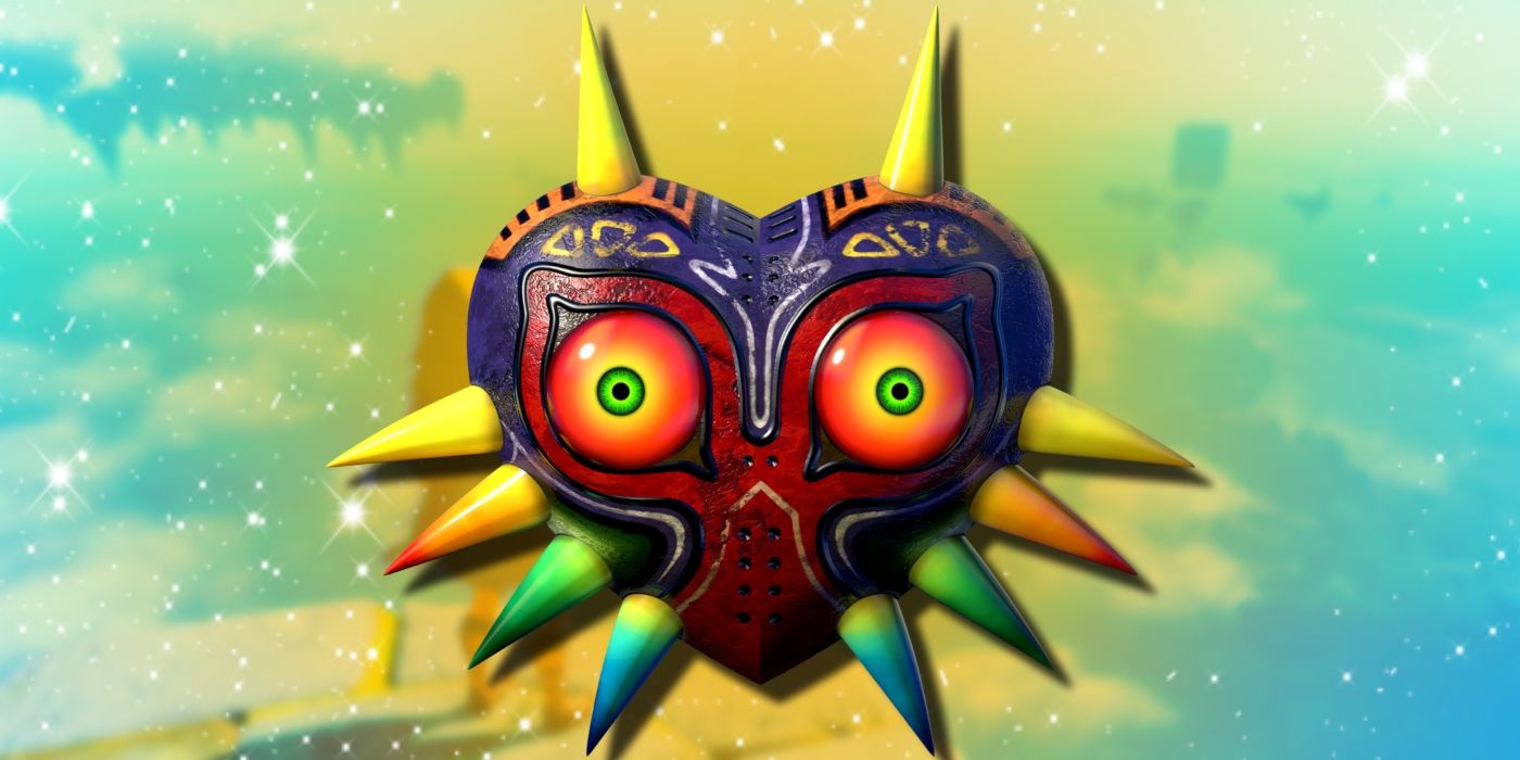Zelda's Majora's Mask with a bright yellow backlight behind it and a sparkling effect all around it.
