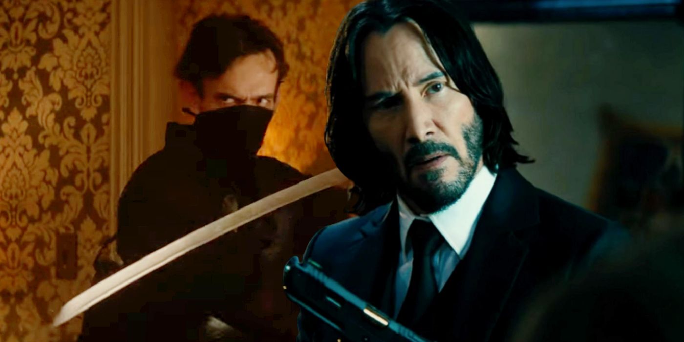 Keanu Reeves in John Wick 4 juxtaposed with a masked man with a sword in The Continental.