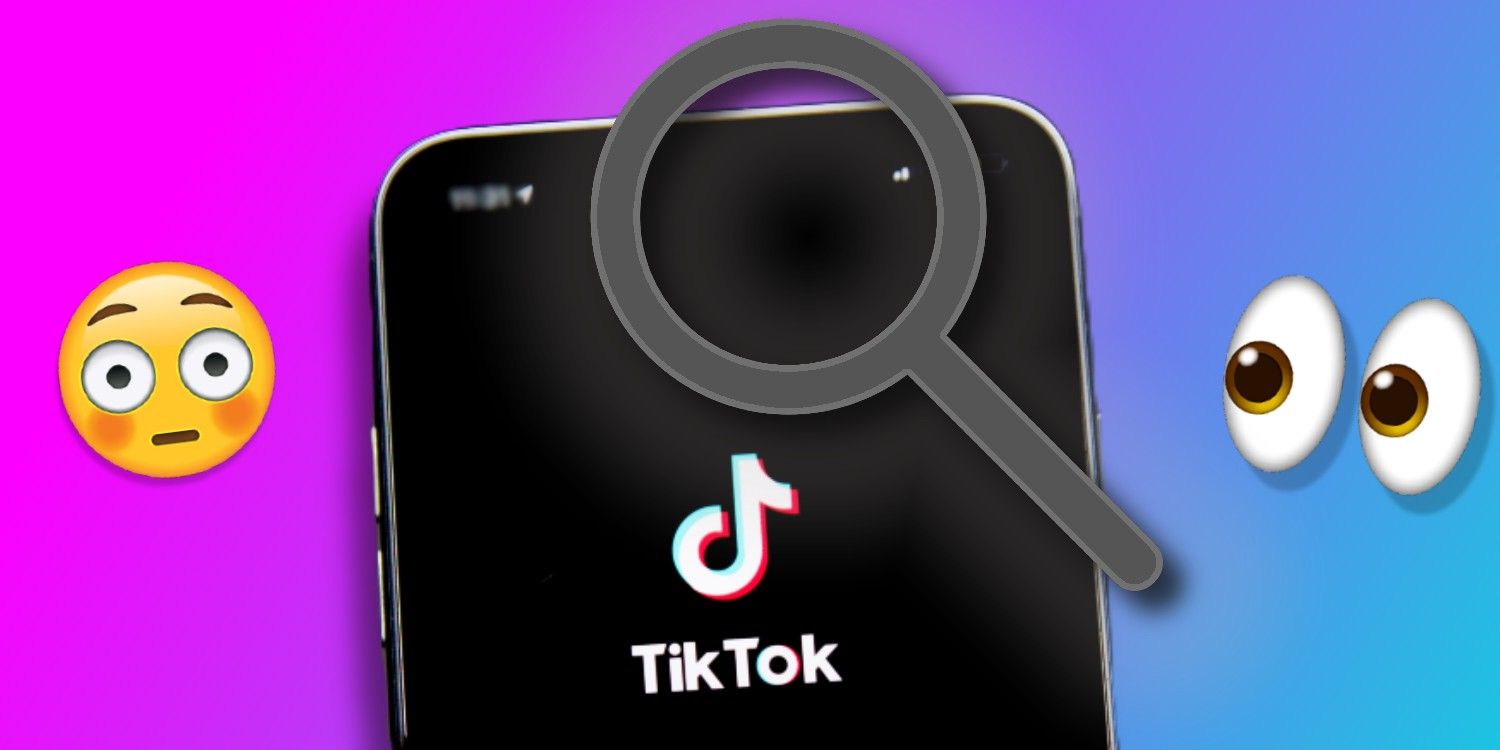 A phone loading TikTok, with a search icon overlaid on it beside an embarrassed emoji and eyes emoji