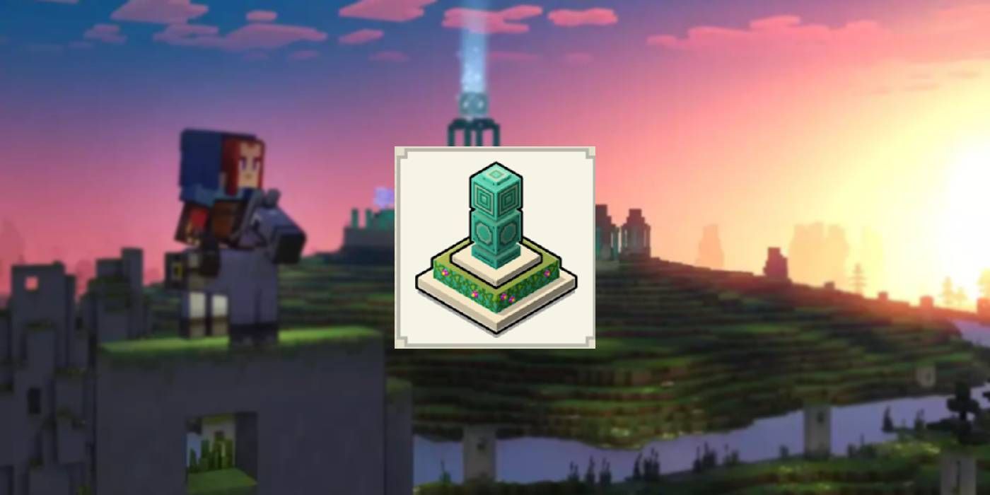 Minecraft Legends Power Tower Symbol with Well of Fate and the Hero in the Background