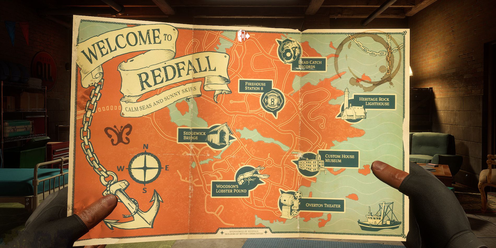 Redfall Player Holding Redfall Town Map To Fast Travel To Supper Club