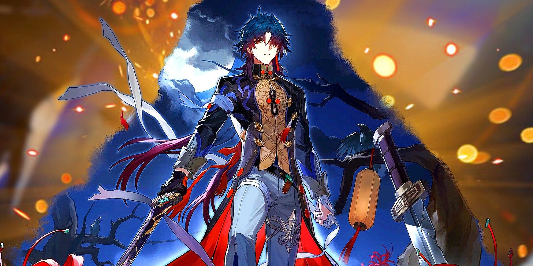 Honkai Star Rail's Blade poses with his sword in hand in the middle. There is a dark sky behind him, along with a crow that observes him from a tree. Behind his key art is an orange explosion effect.