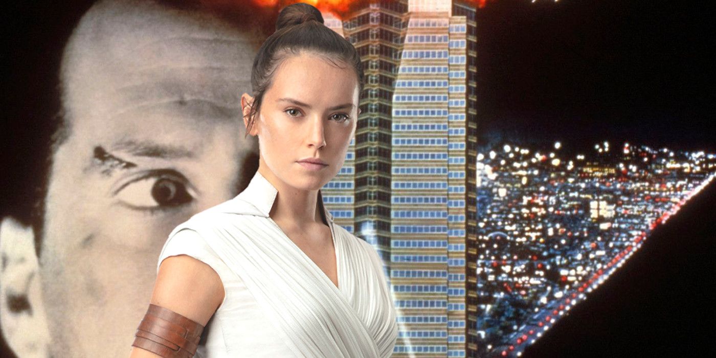 Daisy Ridley as Rey posing dramatically over a giant blow-up of Bruce Willis next to a towering skyscraper with an explosion going on at the top