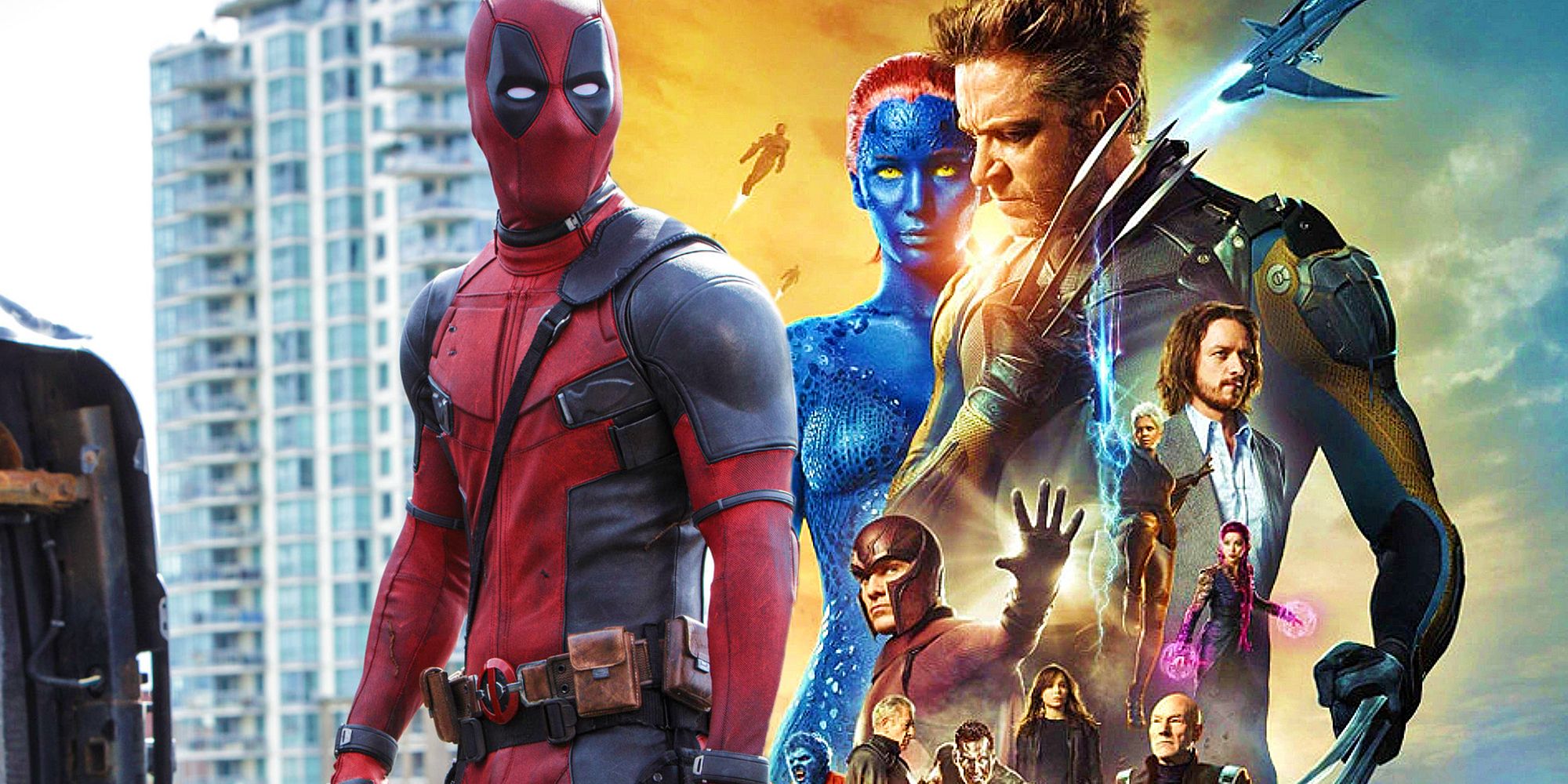 Deadpool next to the poster for X-Men: Days of Future Past