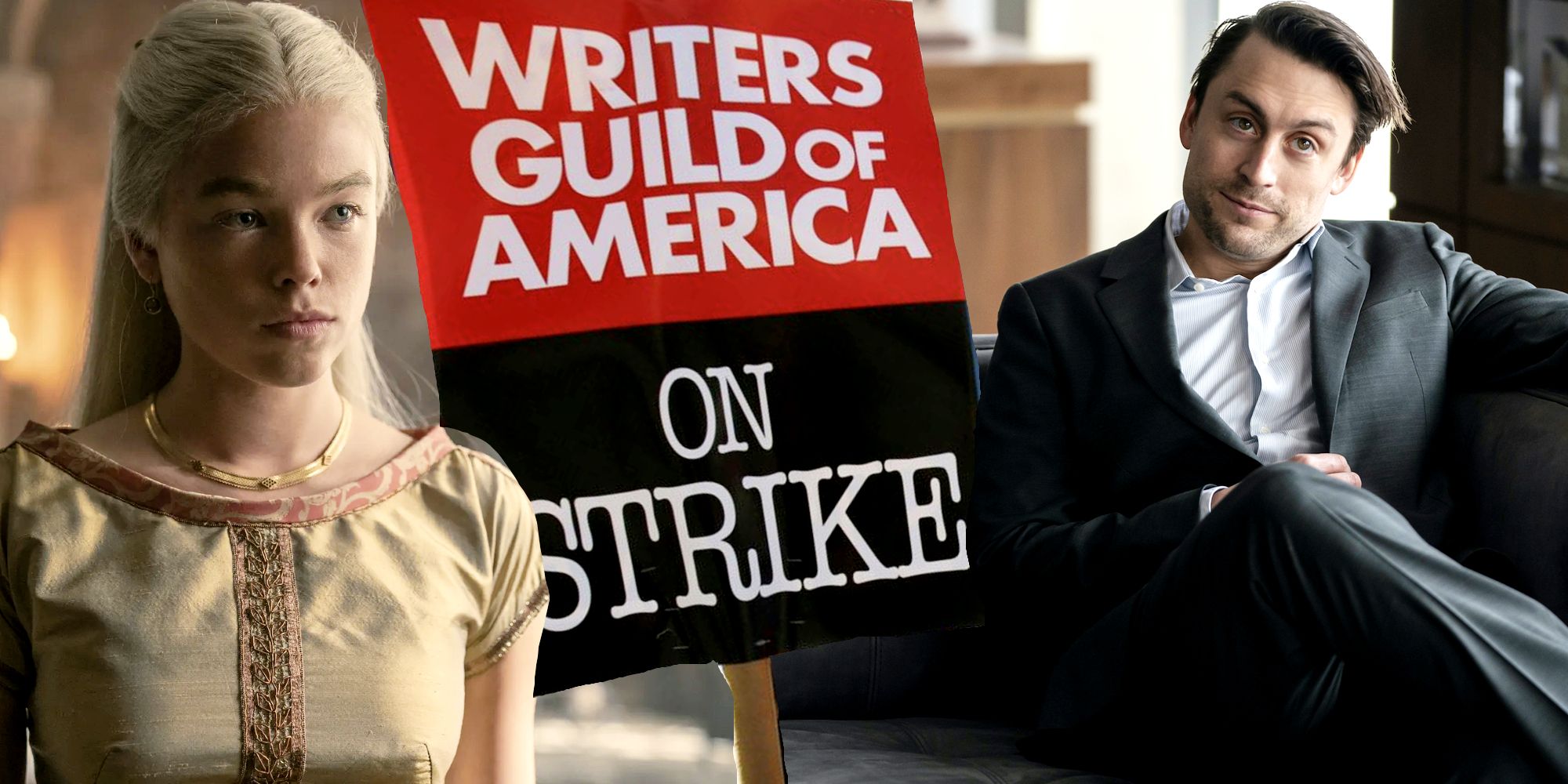 Custom image of a WGA picket sign and HBO shows House of the Dragon and Succession