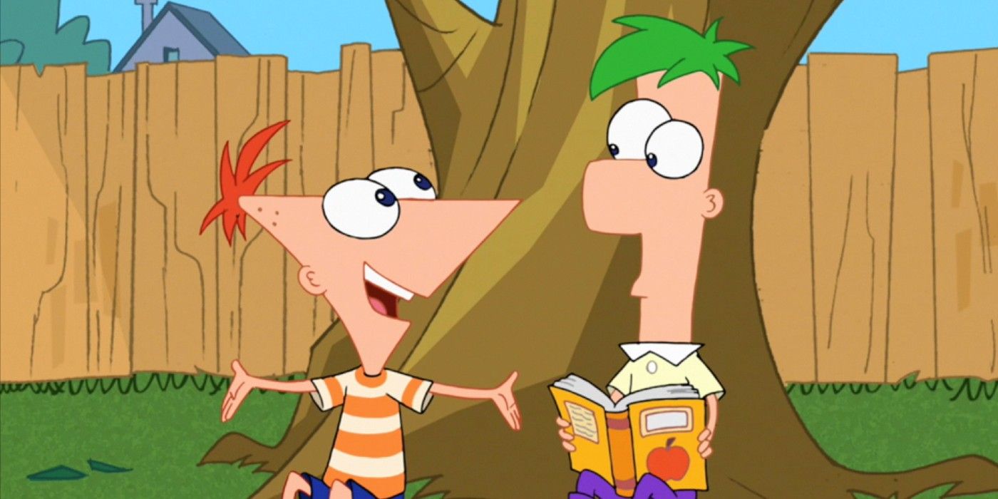 Phineas and Ferb standing side by side in front of a tree.