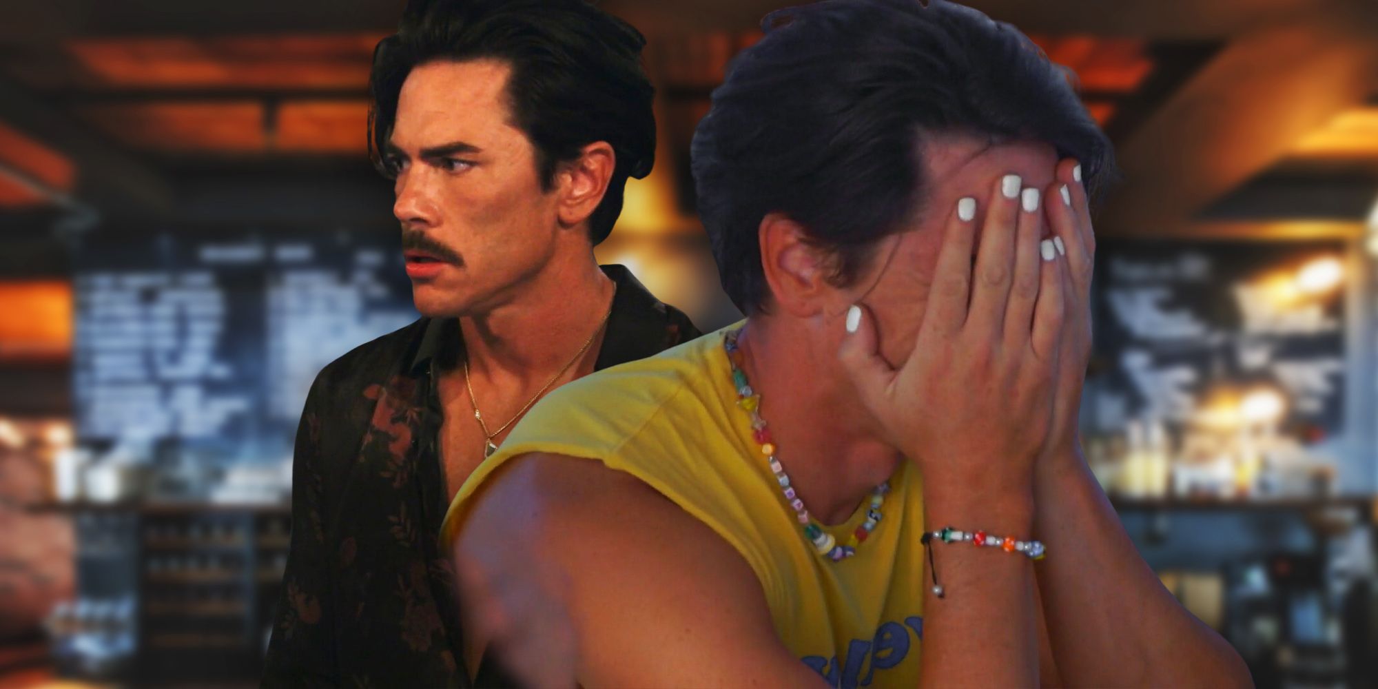 Side by side images of Vanderpump Rules' Tom Sandoval looking worried and with his hands over his face