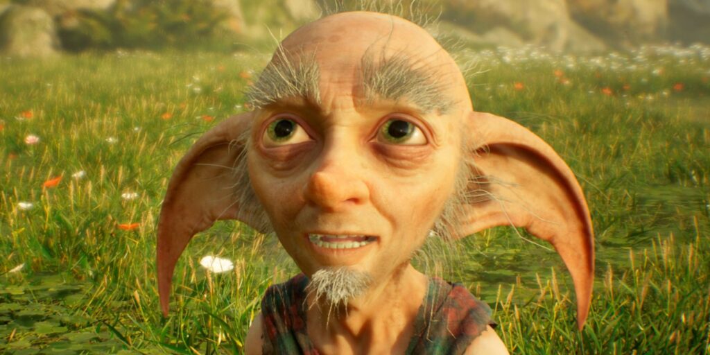 The house elf Deek from Hogwarts Legacy standing in a grassy field, with big green eyes and long, downturned, and pointed ears.