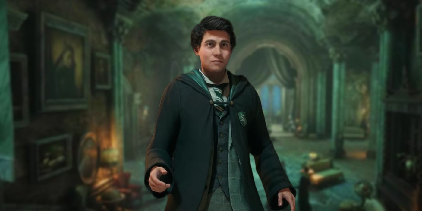Sebastian Sallow in front of the Slytherin common room in Hogwarts Legacy