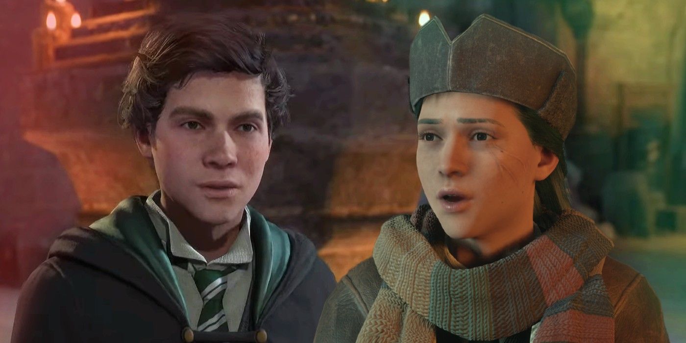 An image of Sebastian looking annoyed and a cut-out of a female Hogwarts Legacy character in the middle of speaking. The left side of the image has a red tint and the right side has a green tint.