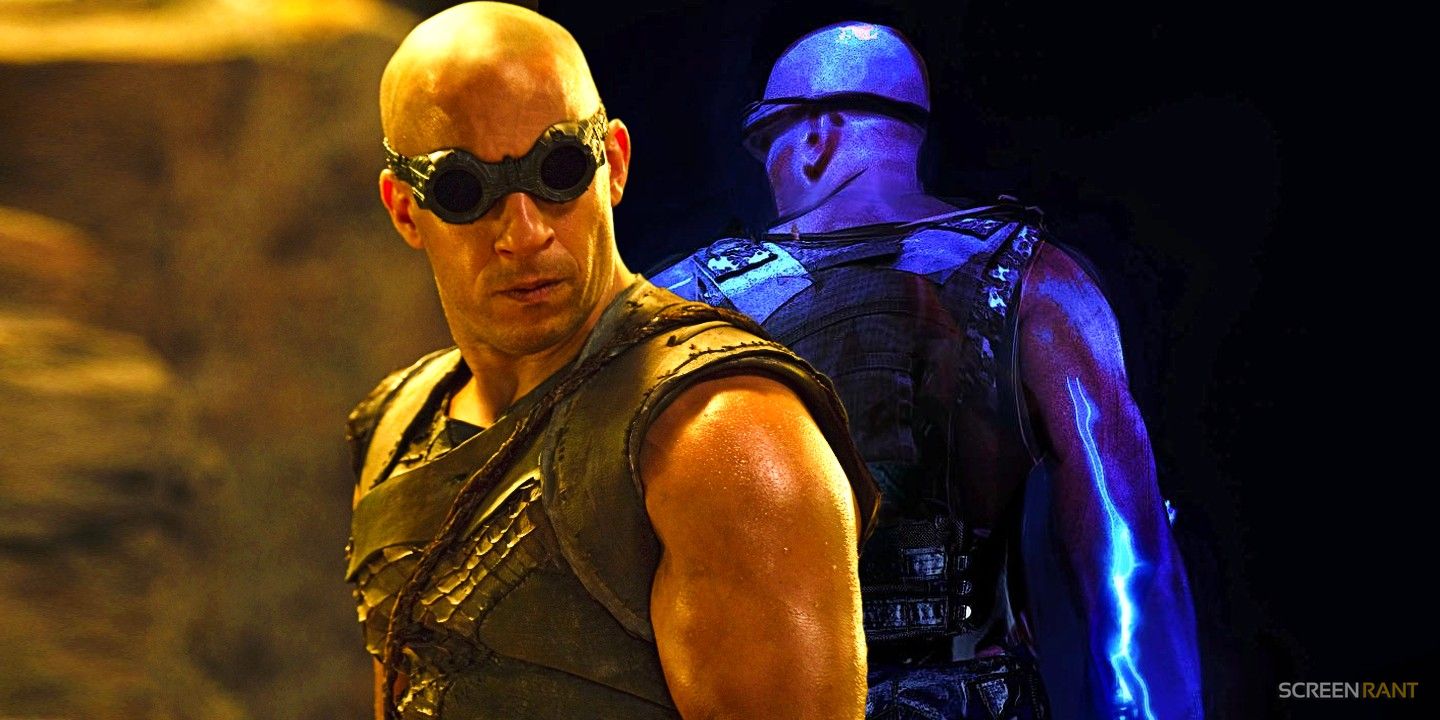 Vin Diesel as Riddick superimposed with Furya concept art of Riddick using powers