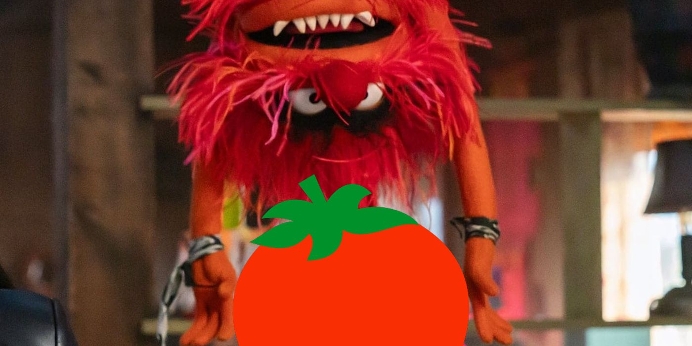 Animal from The Muppets Mayhem with the Rotten Tomatoes Logo
