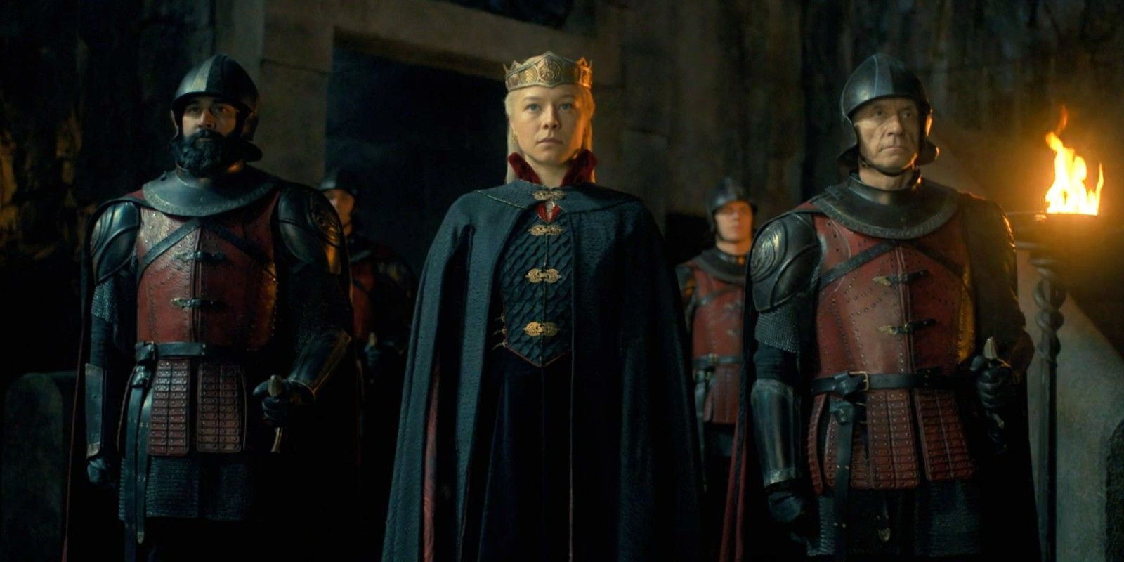 Queen Rhaenyra being followed by guards in House of the Dragon