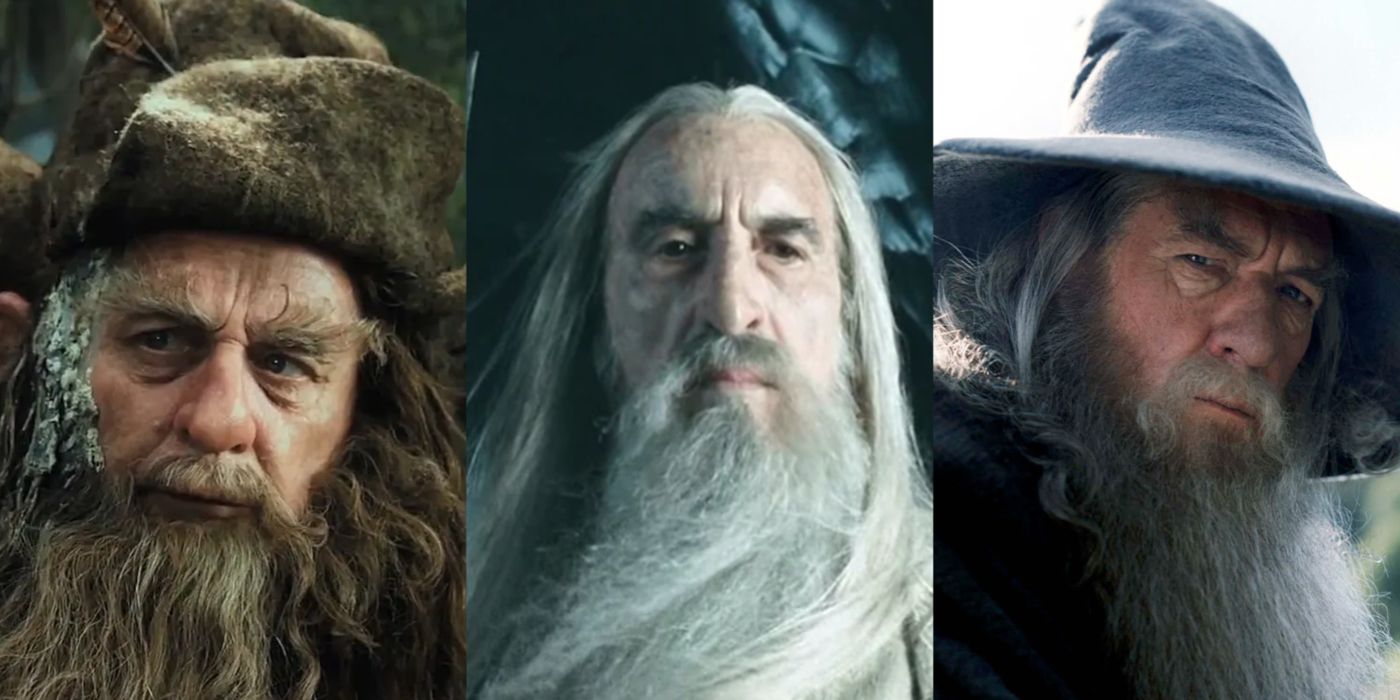Split image of Radagast, Saruman and Gandalf