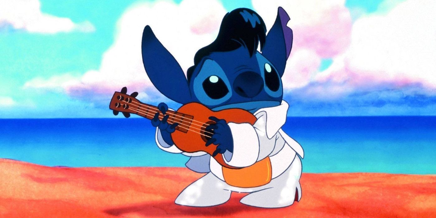 Stitch dressed as Elvis and playing the guitar from Lilo and Stitch
