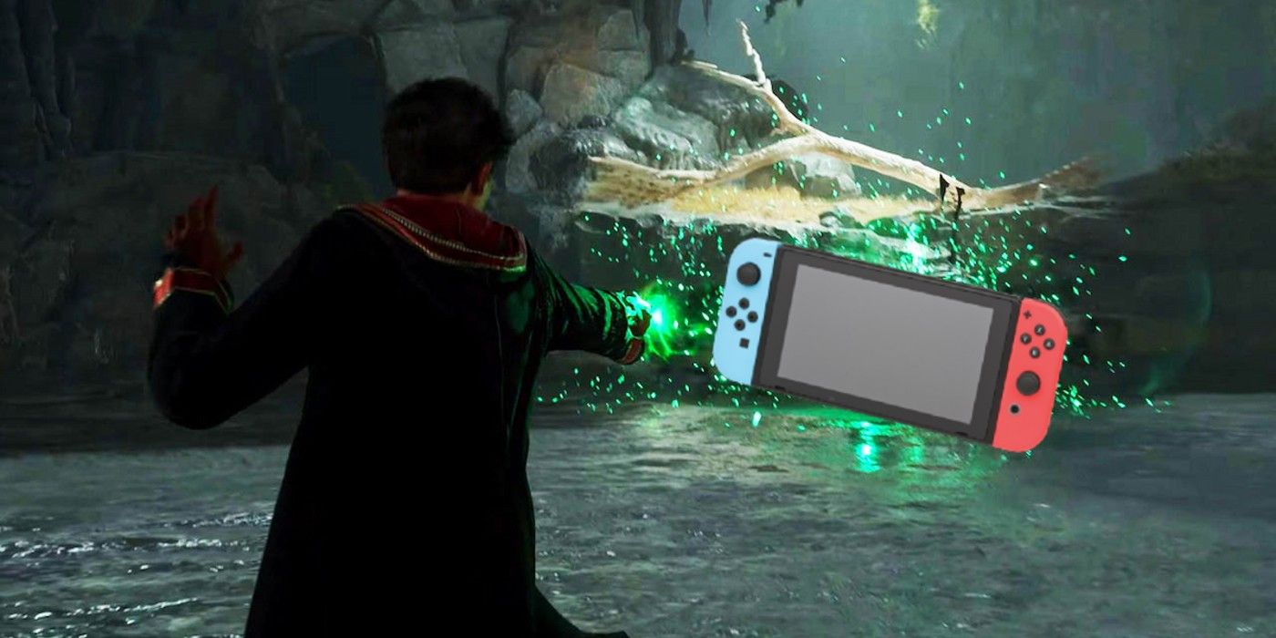 Hogwarts Legacy student casting the Killing Curse at a Nintendo Switch.