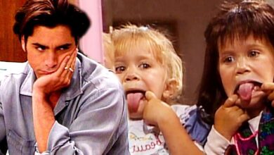 Uncle Jesse making a weird face in Fuller House and Michelle Tanner and her cousin making funny faces in Full House