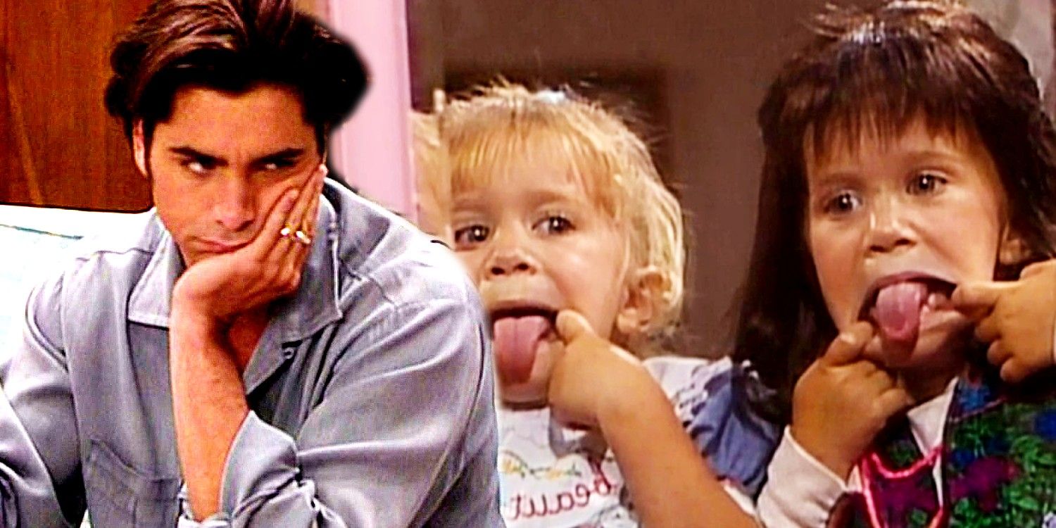 Uncle Jesse making a weird face in Fuller House and Michelle Tanner and her cousin making funny faces in Full House