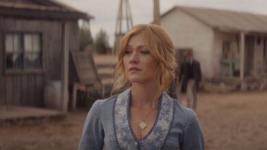 Abby Walker looking at a wagon leave in Walker Independence season 1 episode 8