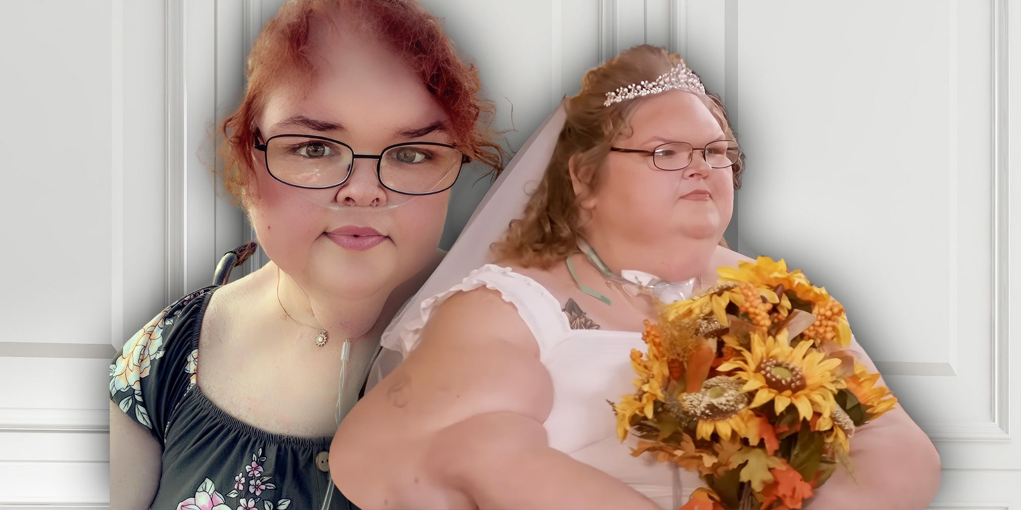 Side by side images of Tammy Slaton from 1000-Lb Sisters, one wearing a wedding dress