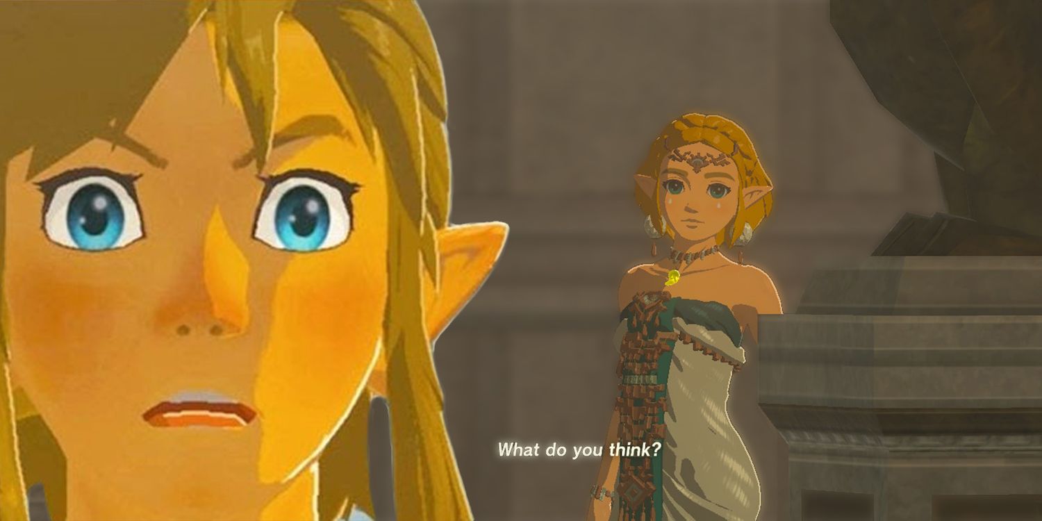 Tears of the Kingdom shot of Link looking surprised and Zelda in the background.