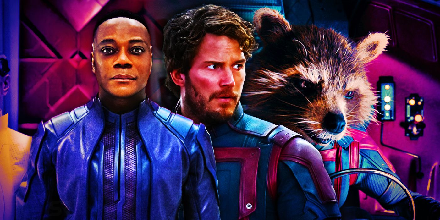 Rocket and Star-Lord wearing their Guardian outfits next to High Evolutionary from Guardians of the Galaxy Vol. 3