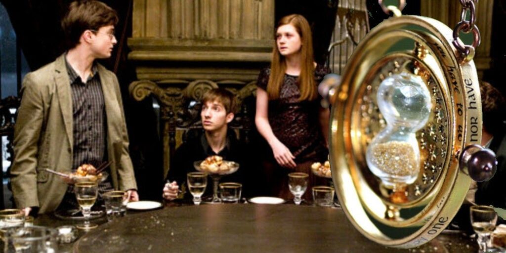 Collage of Harry Potter characters at Slughorn's Christmas party and a Time-Turner
