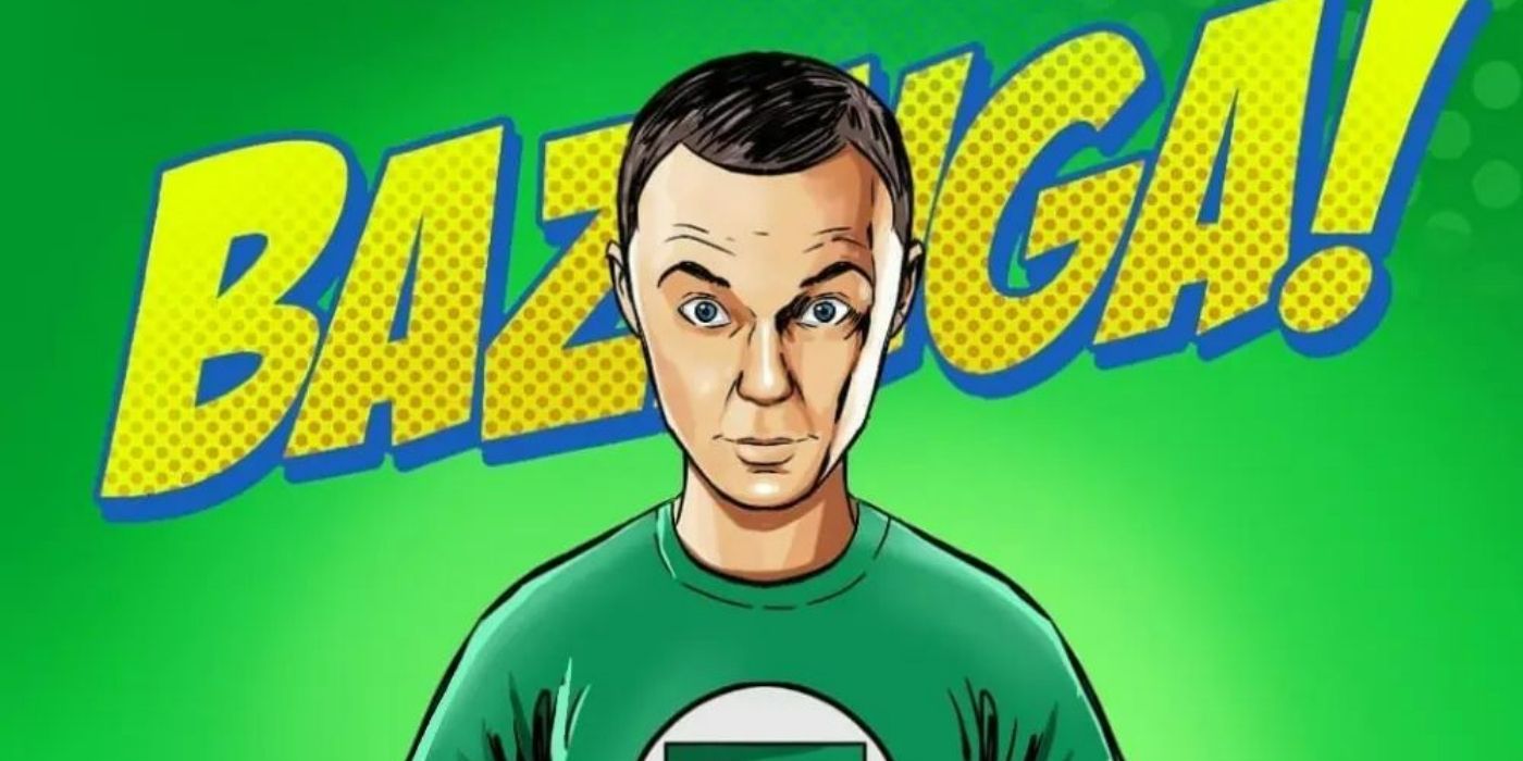 Sheldon wearing a Green Lantern symbol shirt with Bazinga in the background in fan art by @gamzatmagomedovart
