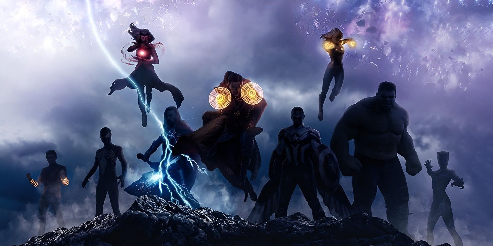 Fan poster for Avengers: Secret Wars showing the new version of the team, with the characters involved by shadows.