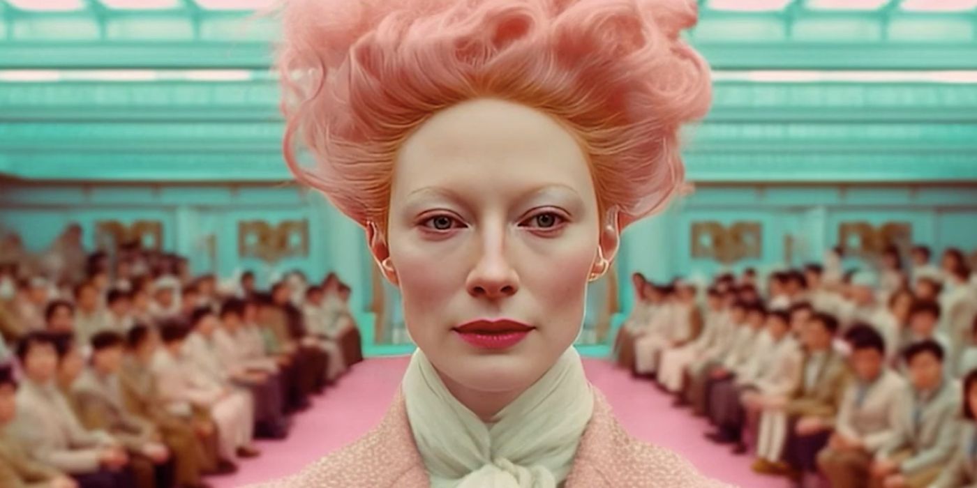 Tilda Swinton as Effie Trinkett in an AI Generated Imagining of The Hunger Games Directed by Wes Anderson