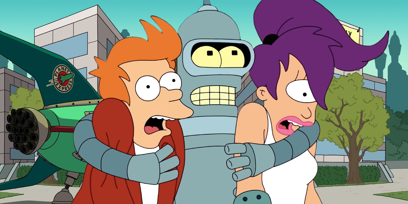 Futurama Cast in Front of the Animated Fulu Building Backdrop