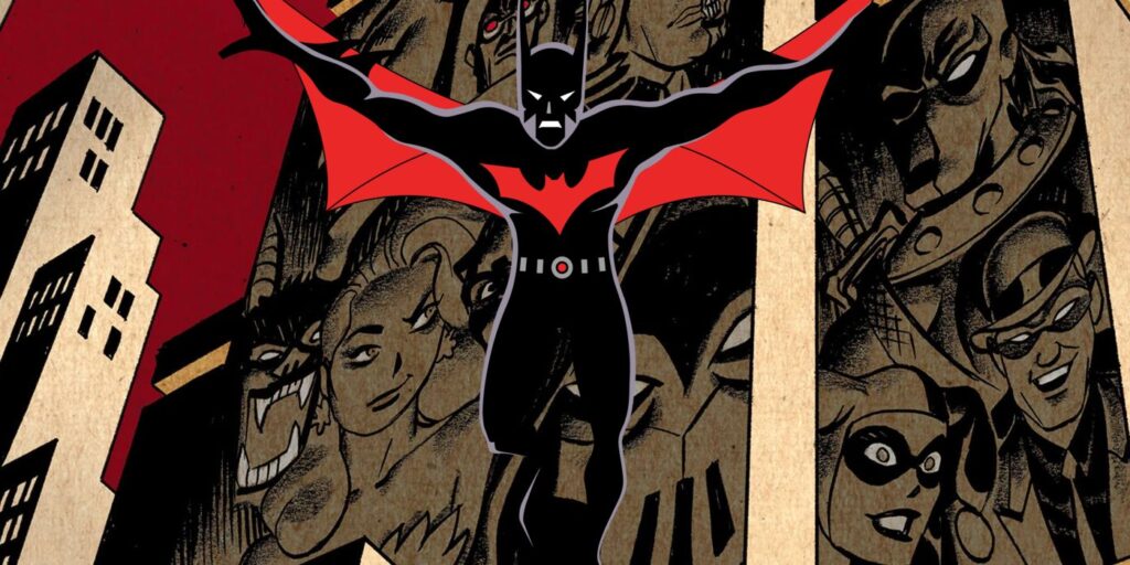 Batman Beyond, set against a backdrop of Gotham and Batman villains.