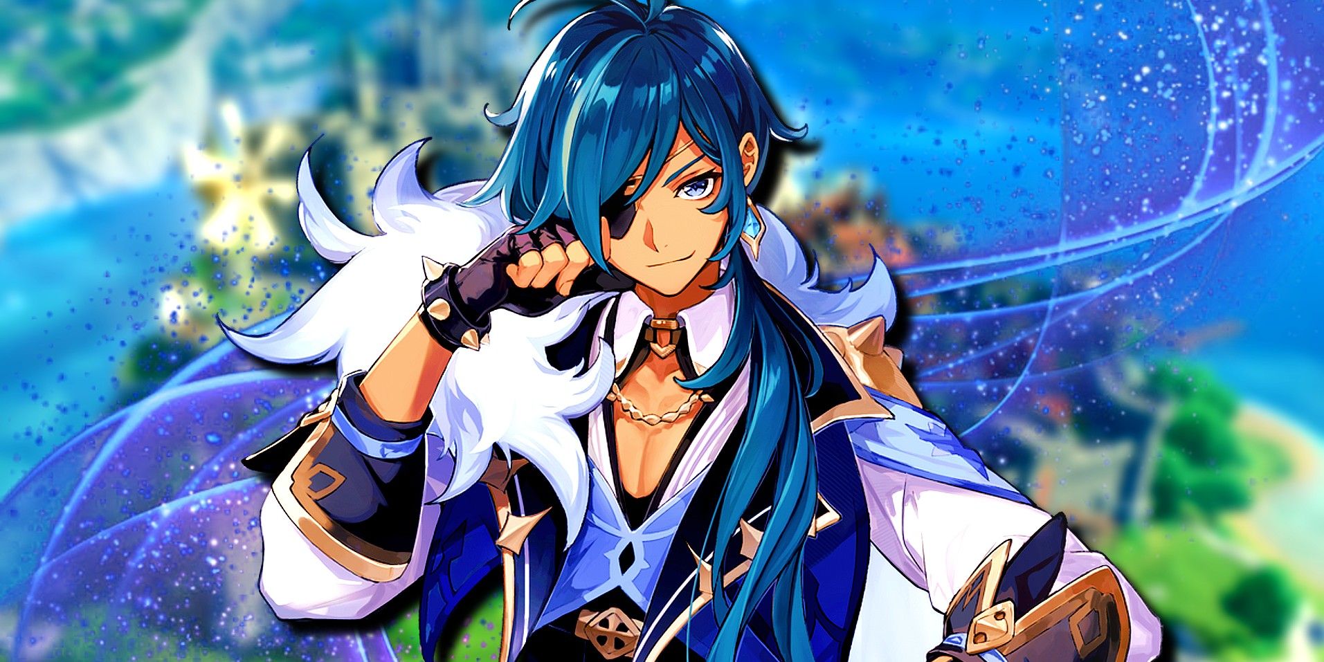 Genshin Impact's Kaeya poses in the middle, with a dark blue energy flowing behind him, both of which are superimposed over a blurred-out image of Mondstadt City.