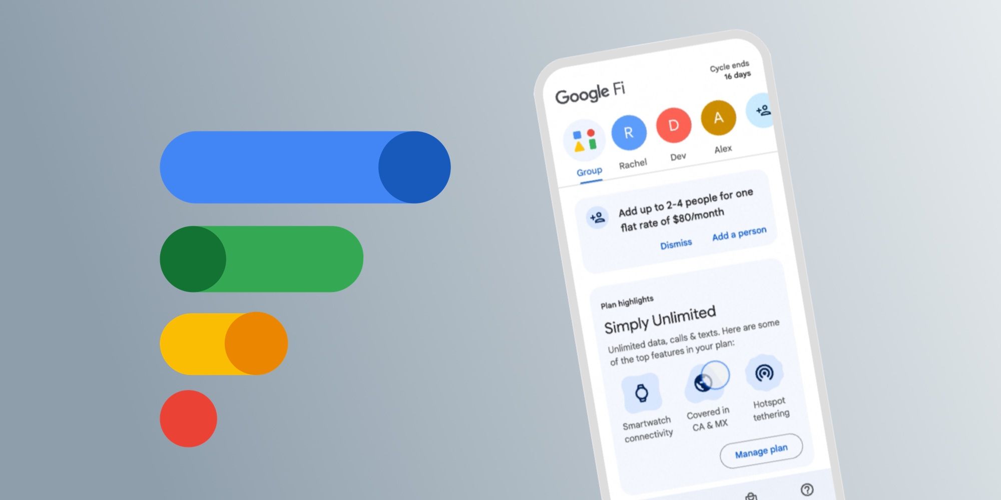 Google Fi Simply Unlimited plan on a phone with Google Fi logo