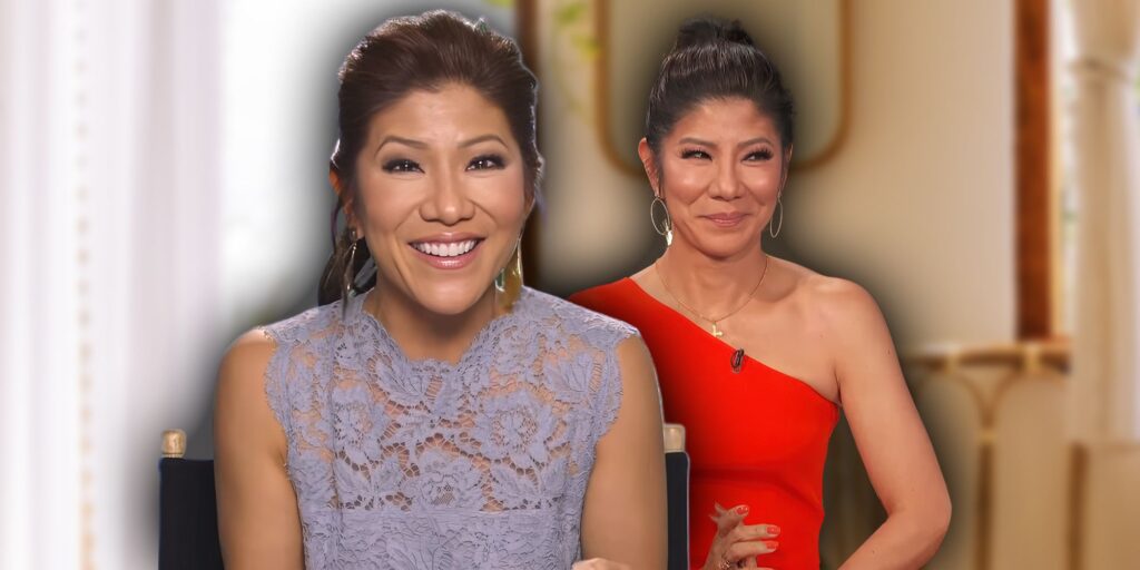 julie chen montage big brother smiling in mauve and red outfits