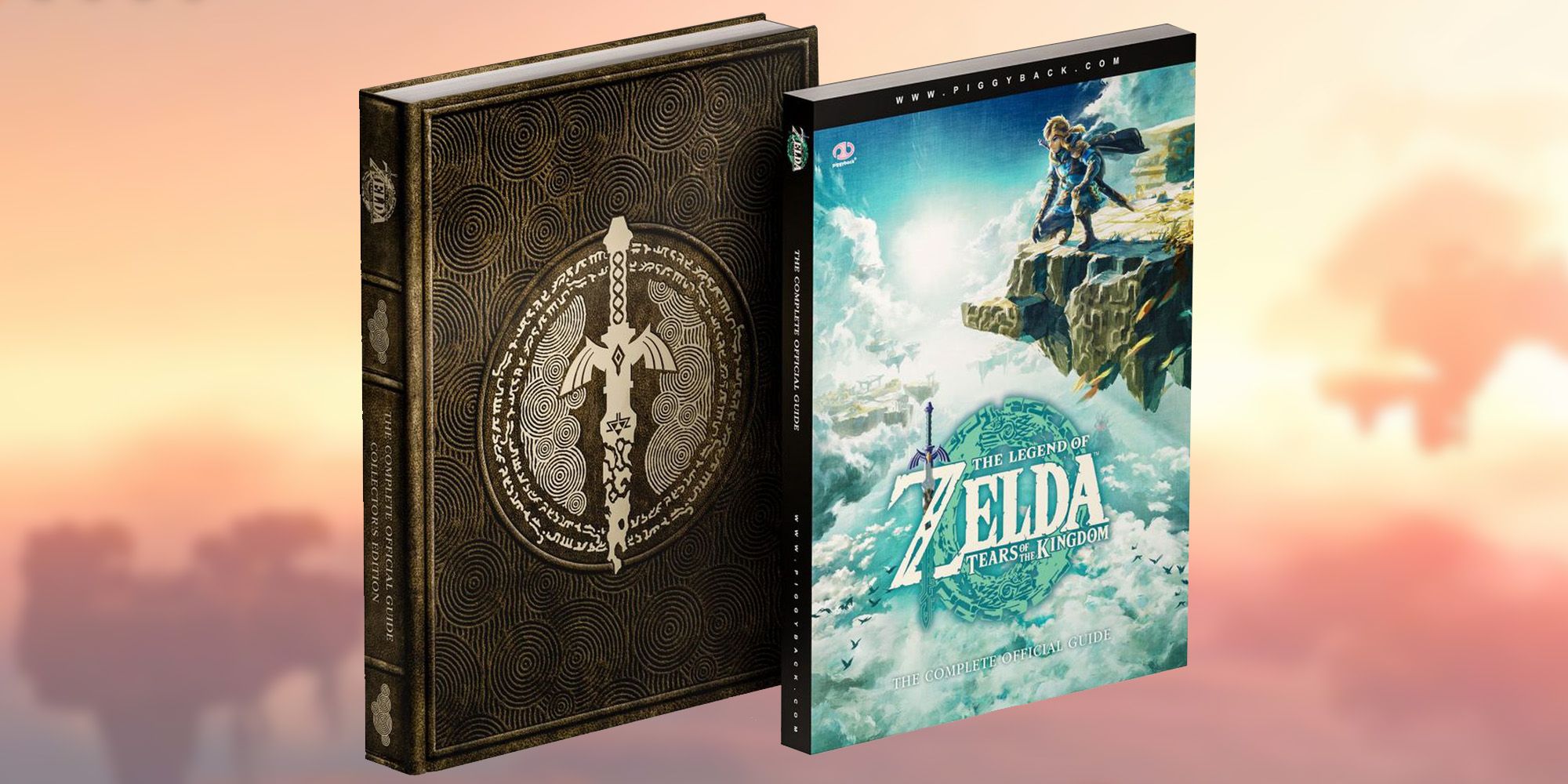 Covers for both the Collector's and Standard edition guides for The Legend of Zelda: Tears of the Kingdom superimposed onto an image of the sky from the game.